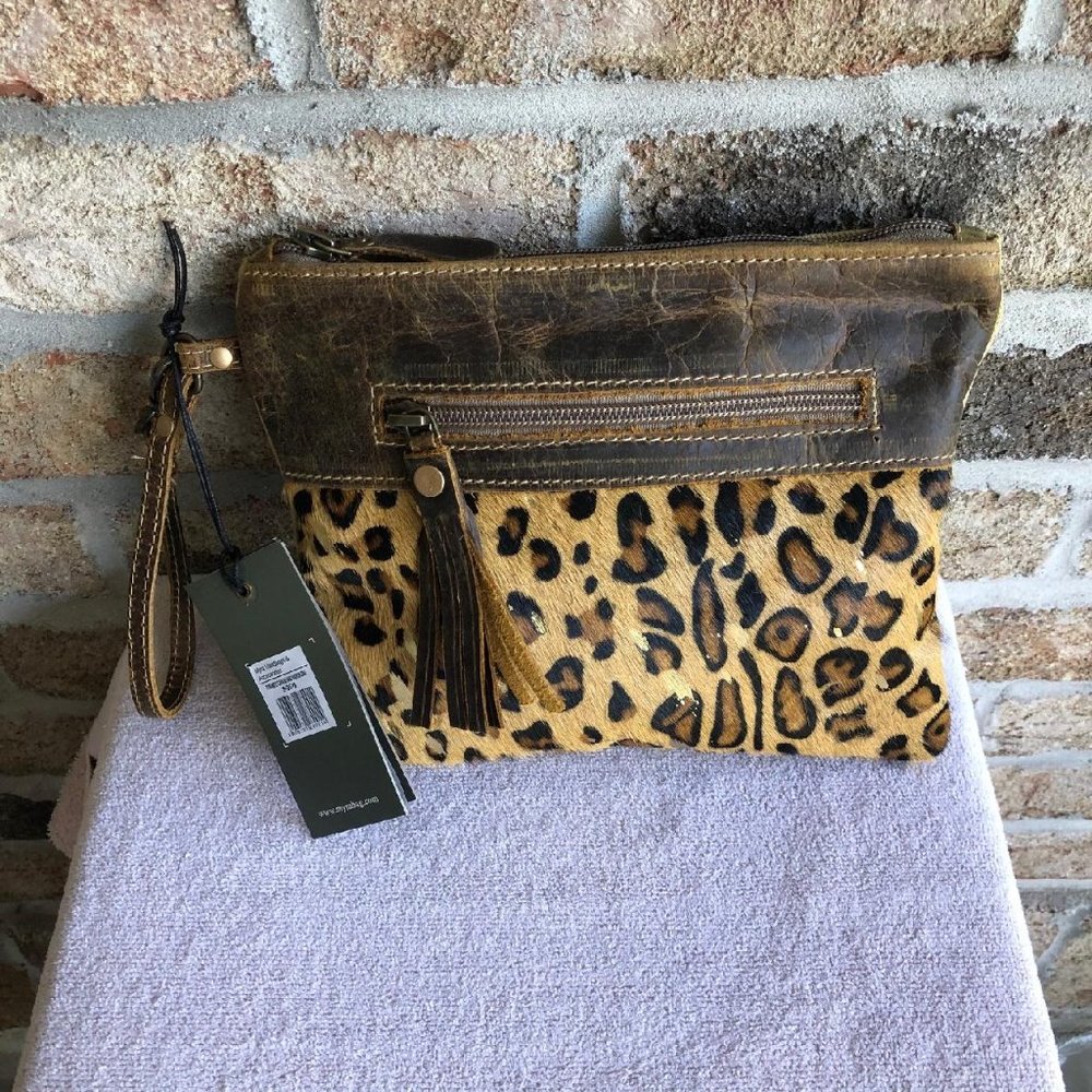 MYRA BAG LEOPARD DYNAMITE CANVAS LEATHER POUCH, S-2578, NWT